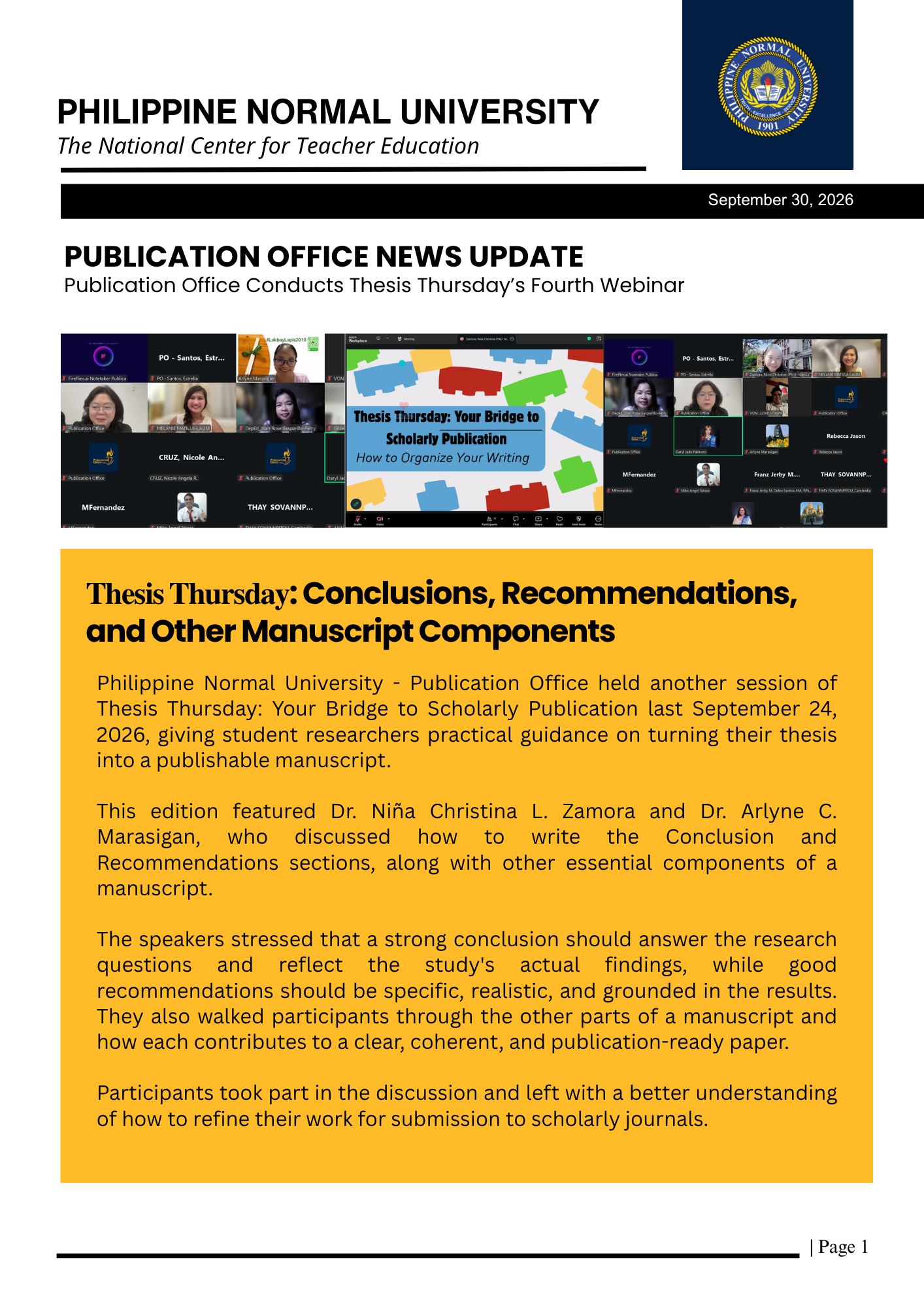 Publication Office Conducts Thesis Thursday’s Fourth Webinar